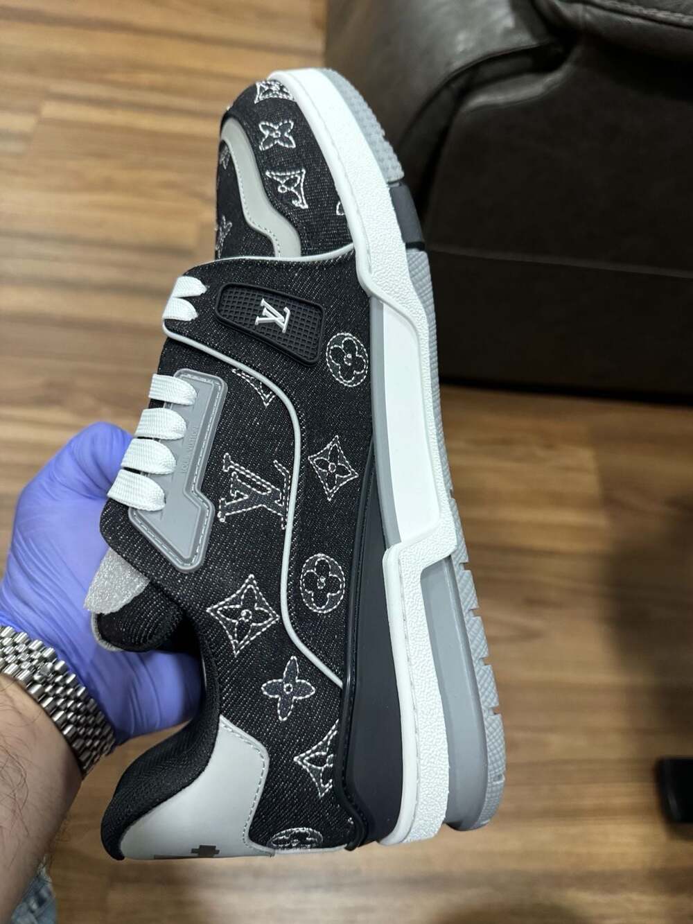 Louis Vuitton LV Trainer Black Monogram Denim Suede #54 Sneaker